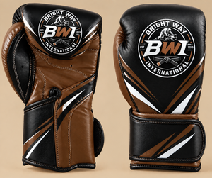 Gants de boxe en cuir Bright Way International, noir et marron, fermeture Velcro, sangle de poignet réglable, équipement d'arts martiaux pour adultes - Product Image 1