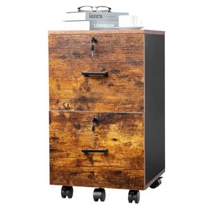 Armadietto Portadocumenti in Legno Marrone e Nero con 2 Cassetti e Ruote, con Serratura per una Comoda Conservazione - Product Image 1