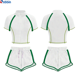 Conjuntos Deportivos Cortos de Verano Estilo Hip Hop para Mujer, 2 Piezas, Chaqueta con Cremallera y Pantalones Cortos, 100% Algodón, Transpirable, de Secado Rápido, Ecológico, Mangas Cortas - Product Image 1