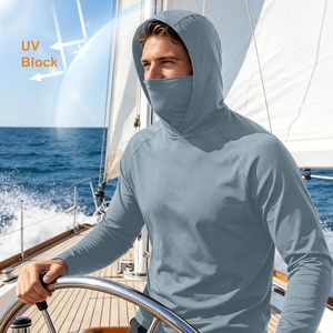 Nouveau T-shirt de pêche à manches longues pour homme avec protection solaire UPF 50, masque facial intégré, gris-bleu, personnalisable et étiquettes privées OEM - Product Image 6
