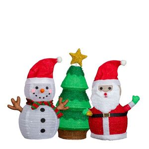 Set of 3 Pre-Lit Santa Snowman Christmas <b>Tree</b> Decorations 150 Warm White <b>LED</b> <b>Lights</b> Easy Pull-Up Holiday Decor - Product Image 1