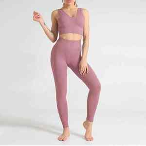 Conjunto de Yoga de 2 Piezas para Mujer, Top Corto Acanalado, Leggings de Cintura Media, Color Sólido, Sin Costuras, Spandex, Sin Mangas, Transpirable, para Ejercicio Físico - Product Image 5