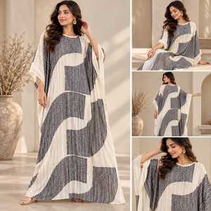 Colección de Vestidos Kaftan para Mujer, Vestido de Noche Negro con Lentejuelas Plateadas, Kaftan Maxi Estampado Abstracto en Color Crema Marfil, Corte Holgado - Product Image 4