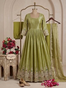 Royal Silk Occasion Gown With Multicolor Stone Sequin Embroidery Coordinated Trousers Premium Lace Border Dupatta Womens Ethnic - Product Image 3