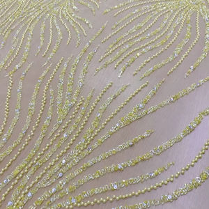 Tela de Encaje con Cuentas Amarillas de Lujo, Bordado a Mano con Lentejuelas y Perlas, Tul de Malla para Vestidos de Noche y de Novia de Alta Gama - Product Image 1