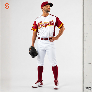 Venezuela Baseball Jersey Men Short Sleeve White Red <b>Gold</b> Embroidery <b>Button</b> Front Regular Fit All Seasons - Product Image 1