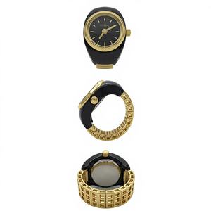 Reloj de Anillo de Oro Sólido de 22k de Lujo para Mujer, Acabado en Esmalte Negro, Reloj de Dedo de Oro Real, Joyería Fina, Regalo - Product Image 1