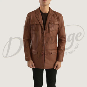 เสื้อเบลเซอร์หนังแกะแท้สีน้ำตาลพรีเมียมสำหรับผู้ชาย สไตล์ซาฟารี วินเทจ 4 กระเป๋า เสื้อโค้ทหนังแกะแท้ลำลองสำหรับงานธุรกิจและงานปาร์ตี้ - Product Image 5