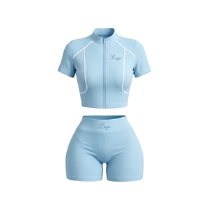 Custom Logo 2 Piece Women's Activewear Zipper Cropped Sports Jacket and High Waist Shorts Fitness 2 Piece <b>Set</b> - Product Image 4