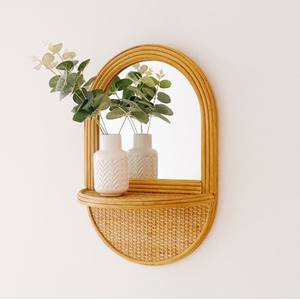 Espejo de pared bohemio de ratán con estante para pasillo, baño y decoración de oficina en casa, espejos de ratán vintage de Vietnam - Product Image 2