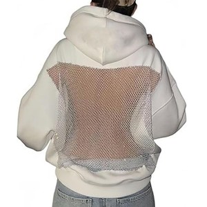 Sudadera con capucha de mujer de nuevo diseño personalizado, bordada, oversize, con hombros caídos, 450GSM, para otoño/invierno, con espalda descubierta y malla hueca en el hombro, estilo urbano - Product Image 2