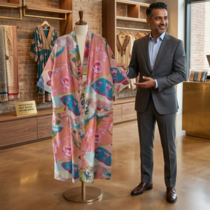 Bata Kimono Artesanal de Algodón con Estampado Floral |   Bata Larga Estampada a Mano para Mujer |   Ropa de estar por casa tipo spa de manga larga con cuello en V - Product Image 5