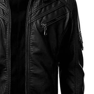 แจ็คเก็ตหนังผู้ชายดีไซน์ใหม่สำหรับฤดูหนาว ลดราคาพิเศษ วัสดุหนังแท้ 100% คอตั้ง แขนยาว สไตล์ไฮสตรีท - Product Image 3