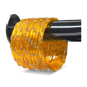 High Quality Trendy Women's Kashmiri Yellow Raindrop Glass Bangle Set Emerald Cut Pearl Gold Plated Traditional <b>Wedding</b> - Product Image 4