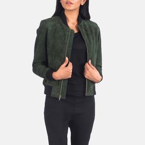 Women's Green PU <b>Suede</b> Bomber <b>Jacket</b> Full Sleeve Zipper Closure Stand Collar Autumn Fashion Outerwear - Product Image 5