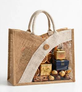 Red Eco-Friendly <b>Jute</b> <b>Gift</b> <b>Bag</b> with Clear PVC Window Handled Tote <b>Bag</b> for Wedding and Retail Packaging - Product Image 5