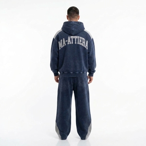 Conjunto de Sudadera con Capucha y Pantalones de Algodón para Hombre, Cierre Completo, Estilo Casual Holgado, Estampado de Letras, Color Azul, Estilo Otoñal - Product Image 2