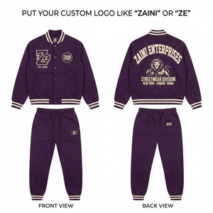 <b>Mens</b> Varsity <b>Suit</b> Premium 350 GSM Fleece <b>Purple</b> Cream Rib Knit Custom Embroidered Applique Logo Jacket Jogger Tracksuit Set Wear - Product Image 1