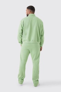 Men's Green Quarter-<b>Zip</b> <b>Hooded</b> Tracksuit 100% Cotton Anti-Pilling Fleece Loose Fit Full Length Solid Color Front Logo Casual - Product Image 3
