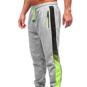 Pantalon de survêtement gris pour homme avec bandes latérales vert fluo, taille élastique et cordon de serrage, joggers décontractés respirants en mélange polyester-coton - Product Image 2