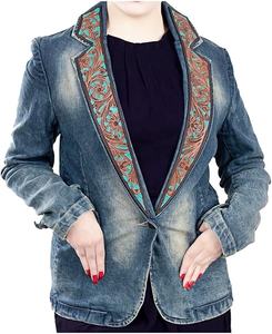 <b>Women</b> Denim Coat with Hand Tooling Carving Western Leather Jacket Western Sport Jacket <b>Women</b> Sport <b>Blazer</b> <b>Womens</b> Leather Jacket - Product Image 1