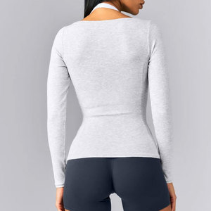 T-shirt de sport moulant pour femme en maille côtelée haute élasticité, coupe ajustée, col en V profond, sans couture, tricoté, style formel - Product Image 5