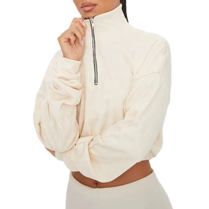 Clothing OEM Ladies Cropped Quarter Zip Women's Hoodies Branding Embroidery 100% Cotton Stand Collar Customized Sweatshirt USA - Product Image 2