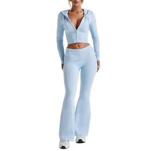 Women Light Blue Tracksuit Set Stylish Casual Sportswear Outfit <b>Cropped</b> Zip Top Matching Flare <b>Pants</b> Athletic Activewear - Product Image 6