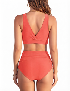 Trendiness Woman Coral Red High Waisted Bikini Set Two Piece Swimsuit <b>Tummy</b> <b>Control</b> Cross Wrap Crop Top Summer Swim Wear - Product Image 2