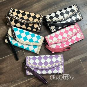 Cartera de Cuero Genuino Estilo Occidental para Mujer, Hecha a Mano, con Diseño a Cuadros Morado y Blanco, Larga, con Correa Desmontable para la Muñeca - Product Image 1