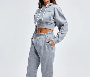 Zip Style In <b>White</b> Color Women Crop Tops Tracksuits Long Sleeve Best Seller Product Crop Tops And Jogger Tracksuit <b>Set</b> For Women - Product Image 2