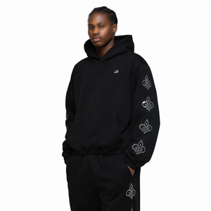 Black <b>Pullover</b> <b>Men</b>’s Hoodies Rhinestone Mask Graphic Heavyweight Cotton Fleece Oversized Streetwear Custom Manufacturing - Product Image 5