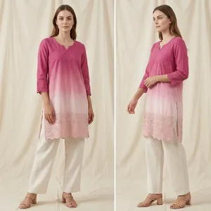 Kurti en coton rose ombré pour femme, col rond, manches trois quarts, détail de dentelle à l'ourlet, coupe droite, décontracté, ethnique, pour tous les jours - Product Image 4