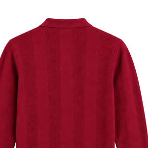 Crimson <b>Red</b> Mens <b>Long</b> <b>Sleeve</b> Knitted Polo Shirt Vertical Textured Pattern Ribbed Hem Casual Smart Pullover Fashion <b>Top</b> - Product Image 4