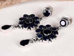Boucles d'oreilles pendantes en argent sterling 925 avec saphir bleu pour femmes, bijoux vintage faits à la main, boucles d'oreilles tendance - Product Image 2