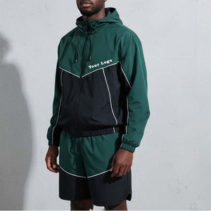 Men's Color Blocking <b>Track</b> Suit Set Green Black Hooded Zippered Jacket Shorts Quick Dry Sporty Polyester - Product Image 1