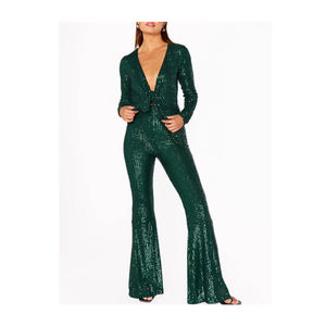 Mono elegante de fiesta de una pieza con cuello en V pronunciado, lentejuelas, manga larga y pierna ancha acampanada para mujer, personalizado OEM - Product Image 1