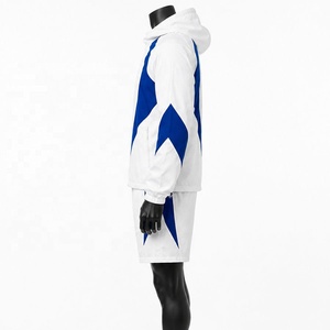 Conjunto Deportivo para Hombre con Capucha, Color Blanco y Azul, Estilo Urbano, Impermeable, Transpirable, Ligero, Chaqueta con Cierre y Pantalones Cortos - Product Image 4