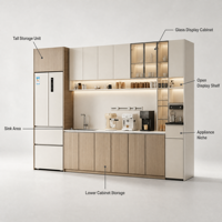 Système d'armoires de cuisine intégré en panneaux de bois modernes avec portes vitrées et rangement pour appareils électroménagers pour hôtels et écoles