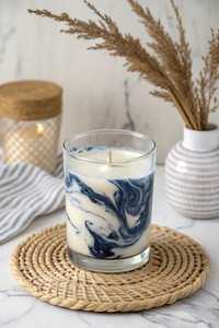 เทียนหอมในโถแก้วทรงกลมลายหินอ่อนสีน้ำเงินขาวสำหรับตกแต่งบ้าน - Product Image 1