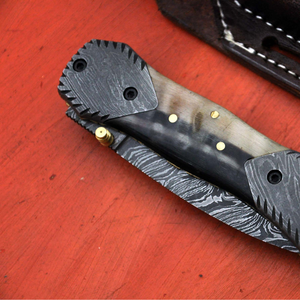 Cuchillo de Caza Imperial de Acero de Damasco, Hoja de Punta Caída, Mango de Marfil con Funda de Cuero - Product Image 6