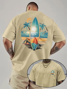 Men's Beige T-Shirt Short Sleeve O-Neck Digital <b>Print</b> Beach <b>Surf</b> Design Regular Fit 100% Cotton Jersey 220g Knit Breathable - Product Image 4