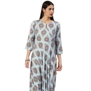 Kurta pour femme en rayonne bleue, imprimé Buta, style Angrakha, avec col en V, manches trois-quarts, vêtement ethnique décontracté de style mondial - Product Image 1