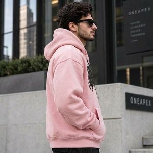 <b>Men's</b> <b>Pink</b> Hooded Oversized Embossed Hoodie Streetwear Pullover Hooded <b>Sweatshirt</b> Front Logo Wholesale - Product Image 3
