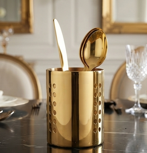 Gold <b>Metal</b> Cutlery Holder Hollow Cylindrical Utensil Flatware Caddy for Kitchen Table Storage - Product Image 4