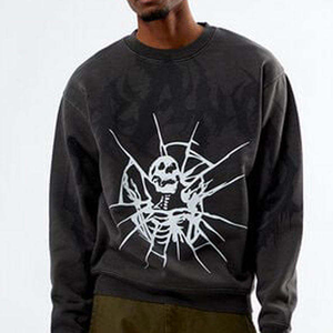 Men's <b>Black</b> Oversized Crew Neck <b>Sweatshirt</b> Skull Print Casual Pullover Autumn Wear 100% Cotton Knitted Regular Sleeve - Product Image 4