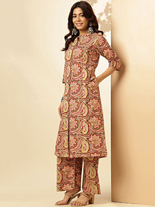 Conjunto de Kurta y Palazzo Étnico de Algodón con Estampado Floral Rojo para Mujer, Corte Regular, Largo hasta la Rodilla, Ropa Casual de Secado Rápido, Estilo India Pakistán, para Verano - Product Image 5