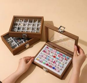 Wooden Jewelry <b>Case</b> with Glass Lid 7 Compartments Velvet Ring Box for Rings, <b>Earrings</b> - Product Image 5