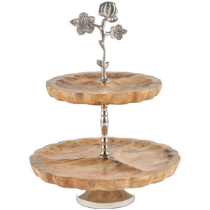 Eco-Friendly 2 Tier Round Acacia Wood Cake Stand With Gold Metal Handle Wooden Dessert Serving Tray And Cupcake Display <b>Tower</b> - Product Image 6