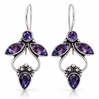 Boucles d'oreilles pendantes en pierre violette pour femmes |   Boucles d'oreilles tendance bohèmes ethniques en laiton fait main, argent oxydé